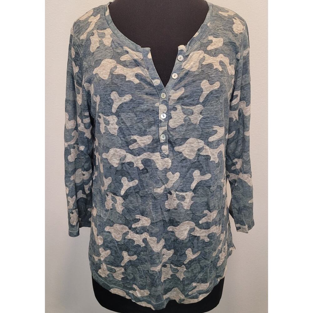 Nicole Miller Linen Camo Henley M Casual Luxe V Neck Summer Resort Minimalist